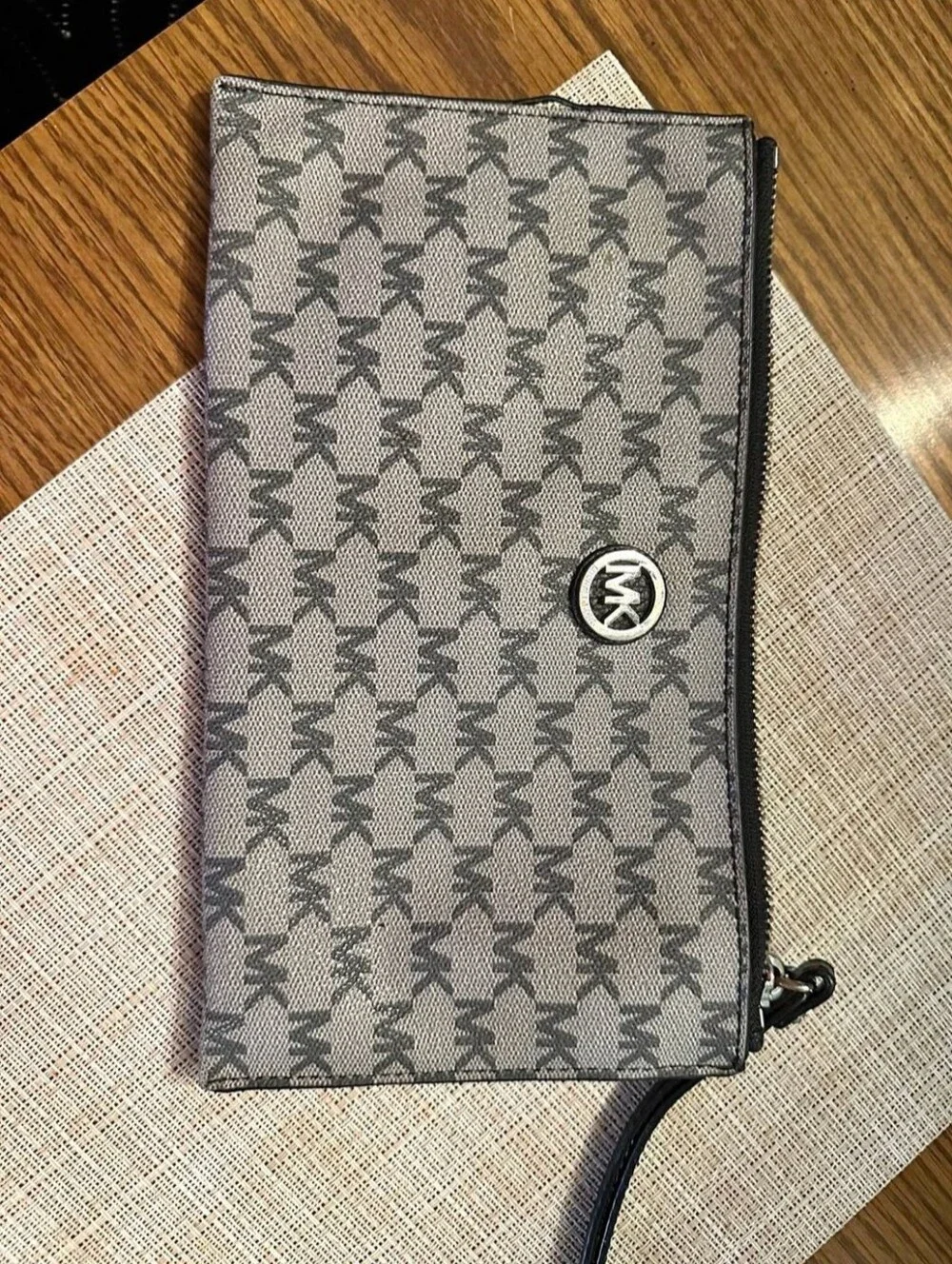Michael Kors Gray MK Logo Wristlet Pouch with Silver Emblem